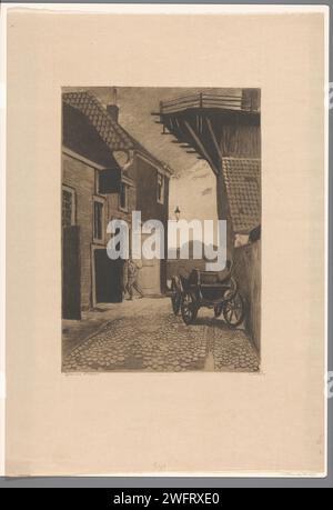 Blick auf den Molensteeg in Wijk bij Duurstede, Willem Witsen, ca. 1906 - ca. 1907 rechts der Molen Rijn und Lek. Links trägt ein Mann eine Tasche auf dem Rücken. Druckerei: Amsterdamprinter: Die Haager Papierätzwindmühle. Gehäuse. Dorfstraße, Allee Mill Rijn en Lek Stockfoto