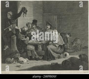 Drei -Koning, Marinus Robyn van der Goes, nachdem Cornelis Saftleven, 1609 - 1639 Eine Trinkfirma in einem Innenraum drucken ließ, von der ein Mann mit einem Krug am Mund wegen des Epiphanienfestes eine Schnittkrone auf dem Kopf hat. Rechts sitzt ein Mann in einem Futterbehälter eines Schweins. Links ein Dudelsackspieler mit einer Kapuze in der Hand. Antwerpener Papierstich Zwölfte Nacht, die normalerweise auf den Vorabend des 6. Januar fällt. Trinken. Becher, Kanne (als Trinkgefäß verwendet). Trunkenheit Stockfoto