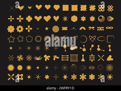 Y2K Elements Retro-Set. Kollektion verschiedener Formen für nostalgisches Design. Herzen, Sterne, Blumen und abstrakte geometrische Formen. Vektorfiguren isola Stock Vektor