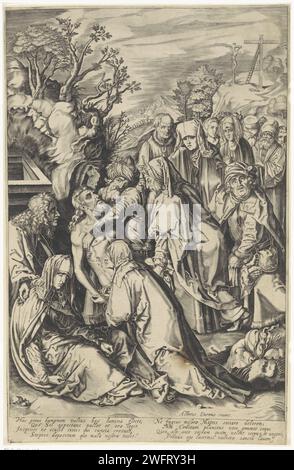Graflegging van Christus, anonym, nach Albrecht Dürer, 1601–1652 Druck der Leichnam Christi wird von Nikodemus und Joseph von Arimatea zum Grab getragen. Die anderen Figuren um das Grab trauern. Auf der linken Seite ist Johannes de Evangelist Maria tröstend. Direkt hinter dem Golgota-Berg mit den zwei Kriminellen am Kreuz. Am Rand eine achtzeilige Unterschrift in lateinischer Sprache. Nach Entwurf von: Neurenbergverlag: Amsterdamer Papierstich Christi Gravur (evtl. von Engeln) Stockfoto