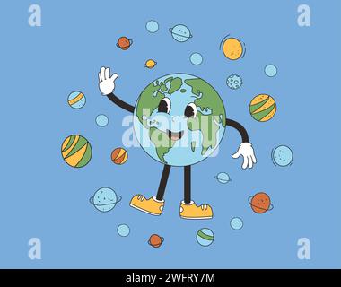 Die Comicfigur der Erde winkt im Retro-Stil mit der Hand. Lächelt unser Planet-Charakter im Universum-Kosmos. Vektorabbildung. Stock Vektor