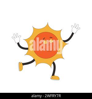 Sun Cartoon Charakter winkt Hand im Retro-Stil. Lächelnder Kosmos-Star, isoliert auf weißem Hintergrund. Vektorabbildung. Stock Vektor