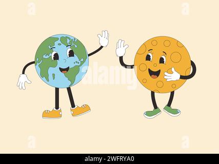 Die Comicfiguren Moon und Earth geben sich fünf im Retro-Stil. Lächelnde Comicfiguren, die mit den Händen winken. Vektorabbildung. Stock Vektor
