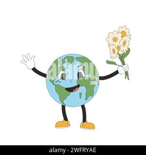 Happy Earth Maskottchen mit Blumen im Retro-Stil. Niedlicher Planet-Charakter, der einen Blumenstrauß aus Chamomiles in der einen Hand hält und die andere Hand isoliert auf Witz winkt Stock Vektor
