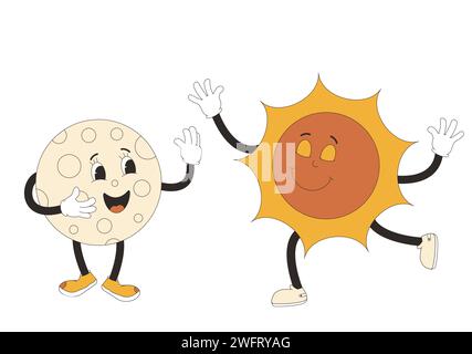 Mond- und Sonnentrickfiguren im Retro-Stil. Lächelnde Comicfiguren auf weißem Hintergrund. Vektorabbildung. Stock Vektor