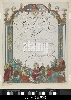 Wunschbrief mit dem Nachfahren des Heiligen Geistes, 1788 gedruckter Wunschbrief mit beschriebener Kartusche in einem dekorativen Rahmen mit Darstellung der Abkunft des Heiligen Geistes (Pfingsten). Handgeschriebene Botschaft in Kalligraphie (Pfingstbrief) von J.L. Oosterhoorn auf ihrem Peet. Niederlande Papier. Tintenätzung / Stift Pfingsten, Pfingsttag Stockfoto