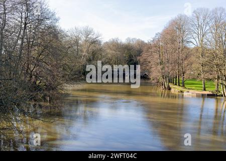 Blick auf den Fluss Stour in Blandford Forum, Dorset, England an einem sonnigen Wintermorgen Stockfoto