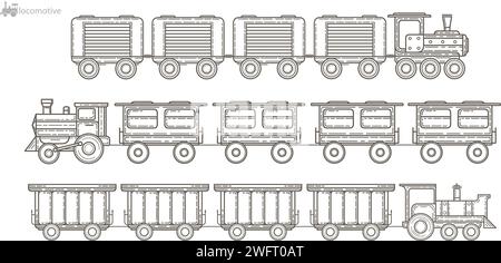 Alte Dampflokomotiven, Symbolsatz.Vektorillustration. Stock Vektor