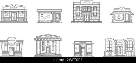 Gewerbliche Gebäude, Zeichnungen, Vektor Stock Vektor