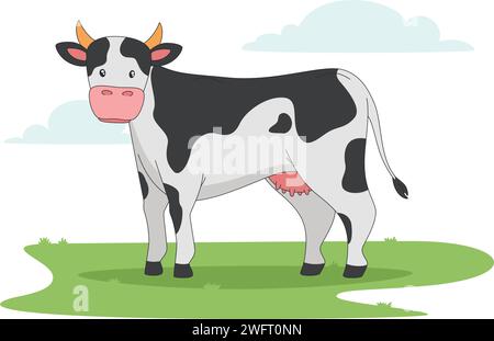 Gepunktete Kuh, die auf der Wiese steht nette Vektor-Illustration im Cartoon-Stil Stock Vektor