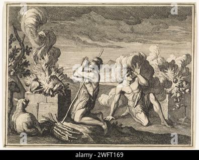 Angebot von Kain und Abel, Caspar Luyken, 1712 Druck Amsterdamer Papier, das den Rauch von Abels Opfer ätzt, geht direkt in den Himmel, während der Rauch von Kains Opfergabe niedergeschlagen wird Stockfoto