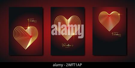 Happy Valentinstag Vektor Set Grußkarte. Goldene Herzen auf dunkelrotem Hintergrund. Weihnachtsplakat mit goldenem Text, Juwelen. Konzept für Valentinstag-Banner Stock Vektor
