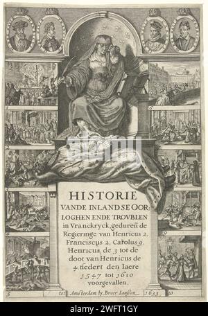 Geschichte trauert um den ermordeten Hendrik IV., Crispijn van de Passe (II), 1633 gedruckte Nische mit der weiblichen Personifikation der Geschichte, die um den ermordeten Heinrich IV. Betrauert, der ihr zu Füßen erstochen wurde. An der Spitze des Ovalrahmens stehen die Porträts von vier französischen Königen: Heinrich II., Frans II., Karel IX. Und Heinrich III Zehn nummerierte historische Szenen links und rechts. Im Kontext zwischen zwei Spalten der Titel in Niederländisch. Druckerei: UtrechtVerlag: Amsterdam Papierstich Frontispiece. „Historia“; „Historia“ (Ripa). Historische Ereignisse und Situationen. Gewaltsamer Tod durch Dolch, Messer Stockfoto