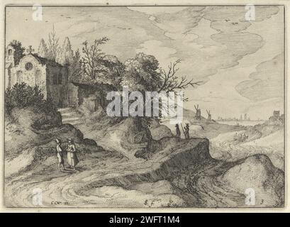 Kapelle an einer gewundenen Landstraße, Claes Jansz. Visscher (II), nach Cornelis Claesz van Wieringen, 1613 Druck es gibt eine Kapelle auf einer gewundenen Straße durch eine hügelige Landschaft. Auf dem Landweg gibt es einige Figuren und in den Hügeln befinden sich Windmühlen. Rechts ein Bach, der im Hintergrund in weites Wasser fließt. Amsterdamer Papierätzlandschaften in der gemäßigten Zone. Windmühle. Kirche (außen). fluss Stockfoto