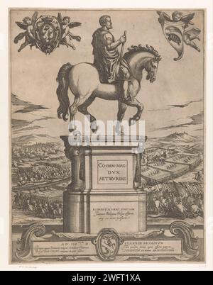 Ruiter-Statue von Cosimo I., Großherzog von Toskana, Antonio Tempesta, nach Giammologna, 1608 Druck Reiterstatue von Cosimo I., Großherzog von Toskana. Soldaten kämpfen im Hintergrund. Oben links das Wappen der Familie de’Medici, getragen von Putti und einem Engel mit Kartusche mit dem Emblem von Cosimo. Unter der Statue eine Kartusche mit lateinischer Zuordnung. Druckerei: Italien Skulptur von: Florenzepublisher: Rom Papier ätzend Reiterstatue. Kampf. Der Soldat, das Leben des Soldaten. Kriegsführung; militärische Angelegenheiten (+ Kavallerie, Reiter). Cupiden: „amores“, „amoretti“, „Putti“ Stockfoto