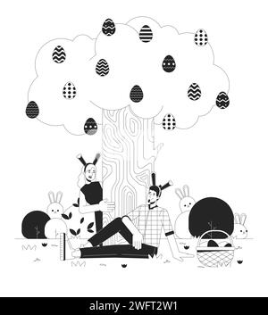 Ostereierjagd schwarz-weiß 2D-Illustrationskonzept Stock Vektor