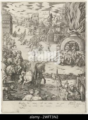 Schadrach, Mesach und Abednego im feurigen Ofen, Abraham van den Hecken, ca. 1620 - 1652 Druck des babylonischen Königs Nebukadnezar zu Pferd und umgeben von Soldaten, wie Schadrach, Mesach und Abednego im brennenden Ofen auf wundersame Weise von einer vierten Figur unterstützt werden, was den König dazu veranlasst, den Befehl zu ihrer Rettung zu geben. Im Hintergrund gab es viele kniende Figuren um die goldene Statue, die außerhalb der Stadt Babylon gegründet wurde und die sich weigerten, sie anzubeten. Zwei Zeilen in lateinischer Sprache unter der Vorstellung. Niederländer Papier graviert die Geschichte der drei Hebräer in der Stockfoto