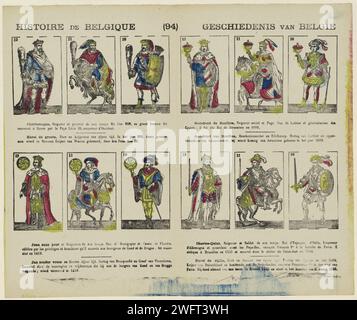 Histoire de Belgique / Geschichte Belgiens, 1827 - 1894 Druck. Kartenspiel Leaf mit 12 Aufführungen (Tarotkarten) berühmter Persönlichkeiten aus der belgischen Geschichte, darunter Karel der große und Jan ohne Angst. In der Mitte nummeriert: (94). Schaerbeek Papier Buchdruck Belgien Stockfoto