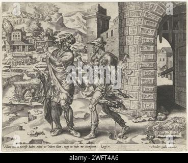 Erster Vorwand: De Nieuwe Akker, 1581 – 1633 Druck der Bote kommt zum ersten Gast und lädt ihn zur Party ein. Der Gast entschuldigt sich mit dem Vorwand, dass er ein neues Feld gekauft hat. Er zeigt auf das Feld im Hintergrund. Der Druck hat eine lateinische Unterschrift und ist Teil einer sechsteiligen Serie über das Gleichnis einer Hochzeitsfeier. Druckerei: Haarlemafter Design von: Haarlempublisher: Antwerpener Papiergravur / Ätzen Wer zum königlichen Hochzeitsfest eingeladen ist, entschuldigt sich Stockfoto