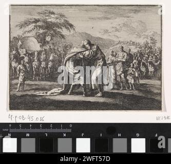 Versöhnung von Jakob und Esau, Jan Luyken, 1703 Print Maker: Haarlem Publisher: Amsterdam Paper Radiching Esau läuft zu Jacob und küsst ihn Stockfoto