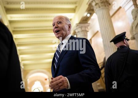 Washington, USA. Februar 2024. Präsident Joe Biden kommt am Donnerstag, den 1. Februar, zum National Prayer Breakfast in Washington, DC, im Kapitol der USA an. 2024. (Graeme Sloan/SIPA USA) Credit: SIPA USA/Alamy Live News Stockfoto