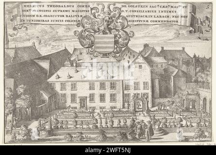 Ansicht des Schlosses Jungen Biesen, Romeyn de Hooghe, 1700 Print Ansicht des Schlosses Jungen Biesen in Köln. Oben in der Show eine Banderole mit lateinischem Text und einer Waffe. Dieser Druck ist Teil einer umfangreichen Aufführung, bestehend aus 20 separaten Platten, von Geschichte und Werken des Deutschen Ordens (Zentrum) umgeben von Aufführungen des Alden Biesen Landcommanderij (unten) und der zugehörigen Kommandeure (links und rechts). Haarlem Papier, das militärische Orden ausgraviert, z. B.: Templer, Malteserritter, Deutsche Ritter  römisch-katholische Kirche. Schloss. Wappenlager, Heraldik Köln Stockfoto