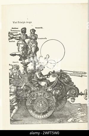 Triumphwagen von Kaiser Maximilian I., Hans Guldenmund, nach Albrecht Dürer, 1609 der große Triumphwagen zu Ehren Kaiser Maximilians I. nach seinem Tod am 12. Januar 1519. Zweites Magazin mit dem rechten Teil des Triumphwagens mit dem Tugendverhältnis und Fidentia. Druckerei: DeutschlandVerlag: AmsterdamVerlag: Amsterdam Papier Buchdruck Wagen, Triumphwagen Stockfoto