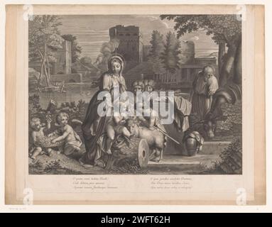 Heilige Familie mit Johannes de Boper, einem Lamm, anderen Kindern und Putti, Pieter van der Banck, nach Sébastien Bourdon, 1669–1693 Druck Text in lateinischer Sprache am unteren Rand. Verlag: ParisFrance Papierstich Heilige Familie mit Johannes dem Täufer (als Kind) Stockfoto