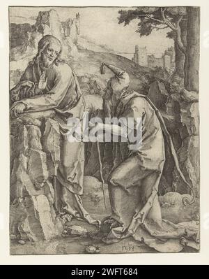 Die Versuchung Christi, Lucas van Leyden, 1518 Druck Christus und der Teufel als alter Mann mit Wanderstock und Stein in der Hand. Niedere Länder, in denen Christus graviert ist, manchmal begleitet von Schutzengeln, verführt von Satan, der normalerweise in menschlicher Form erscheint Stockfoto