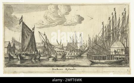 Bickerseiland, Reinier Nooms, 1652 - 1654 Druck Bickerseiland in Amsterdam. Boote im Hafen. Auf der linken Seite der Hof von Jan Bicker. Niederlande Papierätzung / Trockenpunkt Segelschiff, Segelboot Bickerseiland Stockfoto