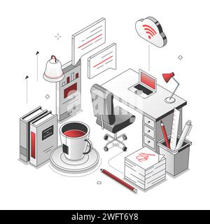 Online-Arbeit – isometrische schwarze und rote Liniendarstellung Stock Vektor