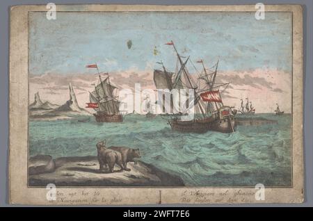 Blick auf das Segeln der Schiffe auf dem Eismeer, Georg Balthasar Probst (evtl.), nach Adolf van der Laan, nach Sieuwert van der Meulen, 1742–1801 drucken Eine Reihe von Segeln auf dem Wasser zwischen den Eisschollen. Im Vordergrund zwei Eisbären links. Oben rechts nummeriert: 59. Verlag: Augsburgprint Maker: Germany Paper. Pappe. Vorbereitetes Papier. Aquarell (Farbe). Deckanfarbe Ätzen/Pinseln/Schneiden/Perforieren des Meeres (Meereslandschaft) (+ Landschaft mit Figuren, Personal). Walfischerei, Walfang. Raubtiere, Raubtiere: Eisbär. Segelschiff, Segelboot. Landschaften i Stockfoto