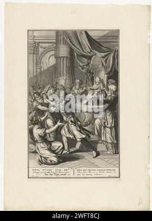 Atalja und Joas, ca. 1711 - ca. 1720 Druck der Hohepriester Jojada erhebt den Jungen Joas zum König. Seine Großmutter Atalja versucht, ihn zu töten und wird von den Schlosswachen gefangen genommen. Illustration für das Alte Testament, 2 Kon. 11. Unter der Ausstellung ein Titel in Hebräisch, Englisch, Deutsch, Lateinisch, Französisch und Niederländisch. Der Amsterdamer Papierstich Joash wird im Alter von sieben Jahren zum König erklärt. Athalia hört den Lärm des Volkes, das König Joasch anpreist, kommt in den Tempel und sieht den neuen König an einer Säule stehen; sie zerreißt ihre Kleider bestürzt Stockfoto