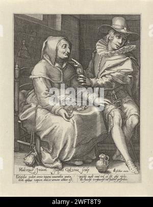 Ungleiche Liebe, Jacob Goltzius (II), nach Hendrick Goltzius, 1548 - 1630 Druck eine alte Frau sitzt auf einem Stuhl. Eine Reihe von Münzen in ihrem Schoß. Neben ihr ein junger Mann auf einem Stuhl. Die Frau legt ihre Hand auf das Bein des Mannes, aber er wendet sich von ihr ab. Der Druck hat eine lateinische und niederländische Beschriftung Haarlem Papier, die Jugend, Jugendliche (+ alt männlich (Mensch)) graviert. Hässliche, alte Frau, verdammt. Verfolgung einer Frau, die herumläuft. Verheiratetes Paar mit ungleichen Alters - DD - Frau älter. Jung versus alt; jung und alt. Geld Stockfoto