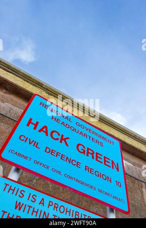 MOD Hack Green Civil Defense Schild geheimer Bunker cheshire, im Kalten Krieg als nukleare Sprengunterkunft benutzt, Kommandoposten jetzt ein Museum Stockfoto