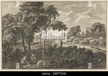 Arkadische Flusslandschaft mit Figuren erhalten Wasser, Adolf van der Laan, nach Johannes Glaber, 1710 - 1747 Druck arkadische Flusslandschaft mit Figuren im Vordergrund Wassergewinnung, zwei Boote mit Fischern im Hintergrund. Der Druck ist Teil einer 40-teiligen Druckserie mit Aufführungen italienischer und deutscher Landschaften. Amsterdam Papier, das Landschaften mit Wasser, Wasserlandschaften und Meereslandschaften (in der gemäßigten Zone) graviert. fischer. Quelle, Quelle des Flusses oder Baches. Behälter mit Keramik: Glas, Kanne, Topf, Vase Stockfoto