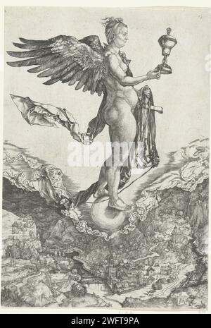 Nemesis, Albrecht Dürer, 1499 – 1503 drucken Eine geflügelte Frau mit einem Becher in der einen Hand und einem ausgebreiteten Becher in der anderen, auf einer Kugel stehend, über einem Flusstal mit einem Dorf schweben. Nürnberger Papierstich Nemesis (Adrastea). Glück, Glück, Los; „Fato“, „Fortuna“, 'Aurea Fortune', 'Good Luck', 'Peaceful Luck overo Clemente', 'Fate' (Ripa) Stockfoto