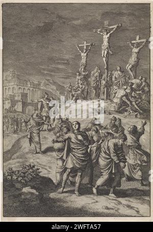 Sonnenfinsternis am Tod Christi, Jan Luyken, 1700 Druck Berg Golgota mit Christus an der Kreuzung zwischen den beiden Kriminellen. Die Sonne ist verschwunden und es ist dunkel. Die Leute geraten in Panik auf die Brust. Im Hintergrund links in Jerusalem. Amsterdam Papier, das Dunkelheit von der sechsten bis zur neunten Stunde (dargestellt durch eine Sonnenfinsternis)  Christi Tod ätzt Stockfoto