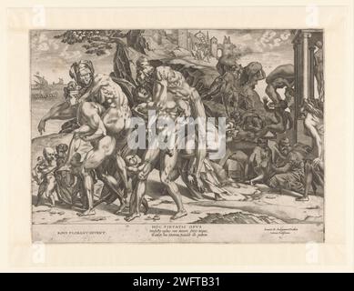 Amphinomus und Anapias retten ihre Eltern vor dem Brand von Catania, René Boyvin, nach Rosso Fiorentino, 1535–1598 Druck Paris Papierstich (Geschichte) Amphinomus und Anapias. Eine Person tragen Stockfoto