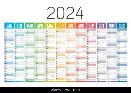 Jahr 2024 farbenfroher Kalender auf weißem Hintergrund. Vektorvorlage. Stock Vektor