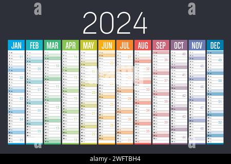 Jahr 2024 farbenfroher Kalender auf dunklem Hintergrund. Vektorvorlage. Stock Vektor