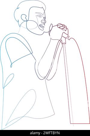 Mann singt oder spielt Stand-Up-Comedy-Strichzeichnung. Eine Art Mann singt Karaoke, benutzt Mikrofon oder erzählt eine Rede. Liedwettbewerb Stock Vektor