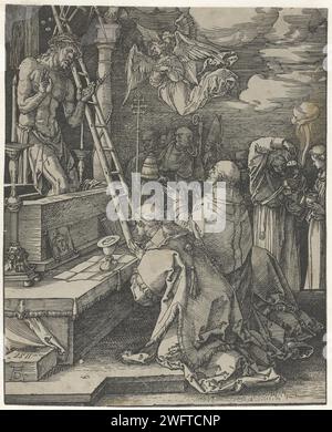 Gregoriusmis, Albrecht Dürer, 1511 Druck der Heilige Gregorius wacht, kniend für einen Altar und flankiert von zwei Männern, Christus als Trauer. Eine Reihe von Menschen im Hintergrund, zwei Engel in der Luft. Nürnberger Papier die Masse der St. Gregor der große: Christus erscheint über dem Altar mit den Instrumenten der Passion; vielleicht fließt Blut von Christi Seite Stockfoto