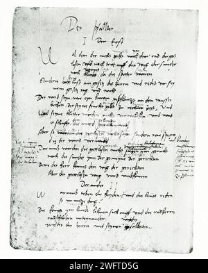 Hier ist eine Seite von Martin Luthers Übersetzung des Alten Testaments (Psalter) in Luthers eigener Handschrift zu sehen, mit sichtbaren Korrekturen. Das Original befindet sich in der Königlichen Bibliothek in Berlin. Martin Luther war ein deutscher Priester, Theologe, Autor, Hymnwriter, Professor, und Augustiner-Mönch. Er war die Schlüsselfigur der protestantischen Reformation, und seine theologischen Überzeugungen bilden die Grundlage des Lutheranismus. Luther wurde 1507 zum Priestertum geweiht. Er starb 1546. Stockfoto