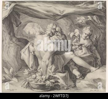 Lot und seine Töchter, Jan Harmensz. Muller, 1598 - 1602 Druckstelle sitzt mit seinen Töchtern in einer Höhle und ist betrunken. Im Hintergrund die brennenden Städte Sodom und Gomorra und die Ehefrau Lots als Salzsäule. Amsterdamer Papierstich Lot und seine Töchter (1. Mose 19:30-38) Stockfoto