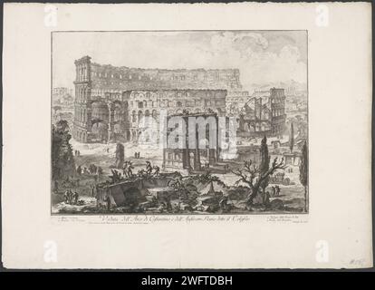 Boog von Constantijn und das Kolosseum in Rom, Giovanni Battista Piranesi, 1748 - 1778 Print Ansicht des Konstantijn-Bogens und des Kolosseums in Rom. Titel und erläuternde Lieder bei STUDMARGE. Rom-Papier mit Blick auf die Stadt und Landschaft mit künstlichen Konstruktionen. Landschaft mit Ruinen. Der Triumphbogen von Konstantin. Kolosseum. Rom Stockfoto