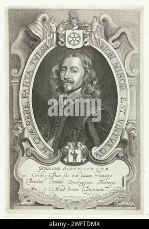 Porträt von Gerhard Schepeler, Mattheus Borrekens, nach Anselm van Hulle, 1649 Druck Gerhard Schepeler, Bürgermeister von Osnabrück und Verhandlungsführer beim Frieden von Münster. Porträt in ovaler Liste der Brust links. Der Druck enthält eine lateinische Unterschrift in Cartouche, eine Randschrift und ein Ornament mit Waffen oben und unten. Papiergravur Stockfoto