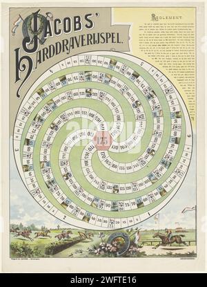 Jacobs Harddraverijpel, 1900 Druck. Gameboard-Brettspiel. Kreise mit sechs Bahnen, mit nummerierten Feldern von 1 bis 175, die in einem Zentrum enden. Rechts oben in den Regeln im Buchdruck, links oben in SIEr-Buchstaben, unter einer Präsentation einer Trabbahn im Stadtpark Groningen. Groningen Papier Buchdruck Brettspiele des Zufalls. Brettspiele. Pferderennen Stockfoto