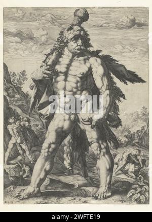 De Grote Hercules, 1596 - 1652 Druck Hercules mit Löwenhaut auf dem Rücken und großem Schläger über der rechten Schulter, außen, übermäßig muskulös, weit ausgebildet in einer Landschaft, in der sich auf seine Handlungen bezieht. Printmacher: Haarlem Verlag: Amsterdam Papierstich (Geschichte von) Hercules (Herakles) Stockfoto