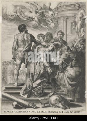 Martyrium von H. Catharina, Willem van der Leeuw, nach Peter Paul Rubens, 1613–1665 Druck die Heilige Catharina kniet mit gebundenen Händen auf einem Kissen. Links der Henker, der sie mit einem Schwert schmücken wird. Um Catharina herum sind Frauen, eine von ihnen hat die Augen der heiligen verbunden. Ein Priester zeigt Catharina auf eine Statue des Apollo. Engel fliegen in der Luft mit Palmenzweig und Lorbeerkranz. Im Vordergrund ein Hund, Opferlamm und Fasses. Papierätzung / Gravur St.. Katharina von Alexandria wird enthauptet Stockfoto